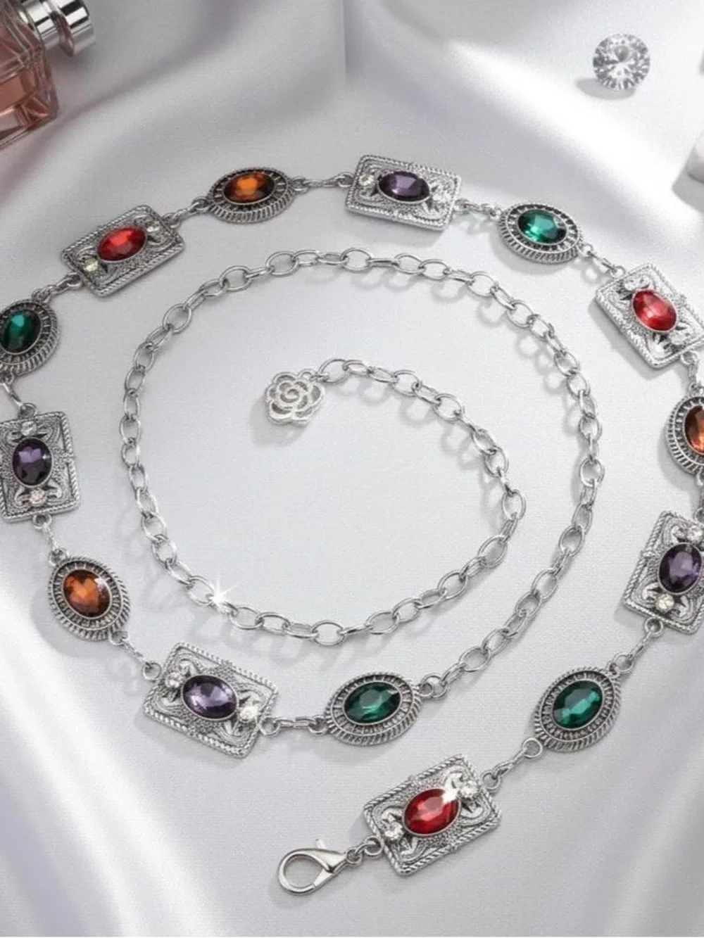 Silver Multigemstone Chain Waist Belt - Women's Decorative Belt